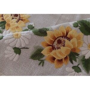 Vintage 70s German Tablecloth Embroidered Sunflower Daisies Lace Edge